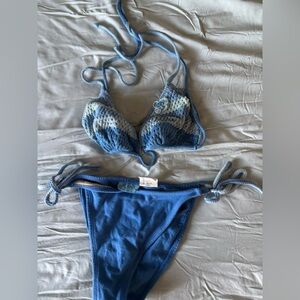 Vintage small Blue Crochet Triangle Bikini Set with Solid Tie-Side Bottoms